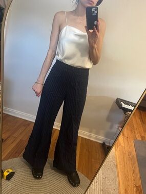 Billie the label navy blue pinstripe wide leg trousers